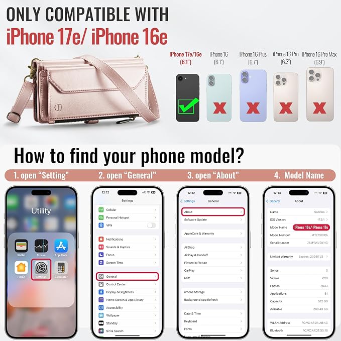 Strapurs Crossbody Wallet Case Compatible with iPhone 17e / iPhone 16e RFID Blocking 7-Card Holder PU Leather Magnetic Snap Shoulder Strap Zipper Pocket Phone Cases for iPhone 17e / 16e - Rose Gold