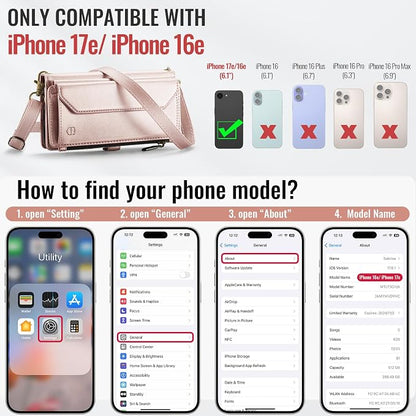 Strapurs Crossbody Wallet Case Compatible with iPhone 17e / iPhone 16e RFID Blocking 7-Card Holder PU Leather Magnetic Snap Shoulder Strap Zipper Pocket Phone Cases for iPhone 17e / 16e - Rose Gold