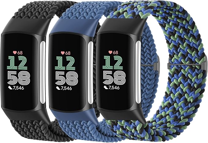 Braided Solo Loop Bands Compatible with Fitbit Charge 6/Charge 5, 3 Pack Adjustable Stretchy Wristbands Soft Woven Nylon Replacement for Fitbit Charge 5/Charge 6 Tracker Smart Watch for Women Men