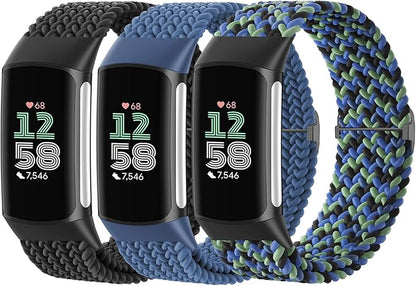 Braided Solo Loop Bands Compatible with Fitbit Charge 6/Charge 5, 3 Pack Adjustable Stretchy Wristbands Soft Woven Nylon Replacement for Fitbit Charge 5/Charge 6 Tracker Smart Watch for Women Men