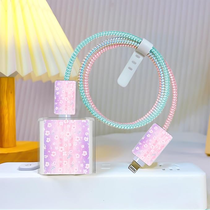 Phone Charger Case Storage Set with Cute Flower Cable Protector with Carrying Cable Case Bag,Cord Organizer, USB Earphone Wire Saver Organizer Charger Protector for iPhone (Purple Flower)