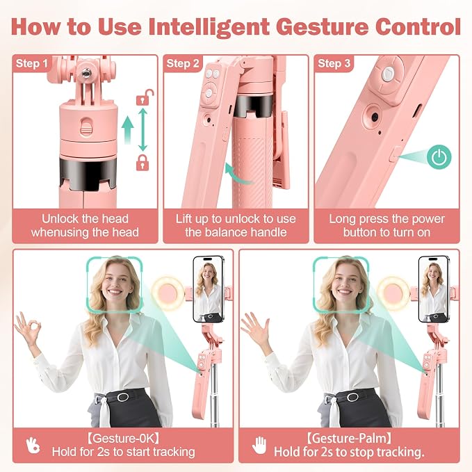 70.9" Auto Face Tracking Selfie Stick Tripod for iPhone with Light, 360° Rotation & Gesture Control, Cell Phone Tripod with Remote for TikTok/Vlog/Live Stream, Compatible with iPhone/Android