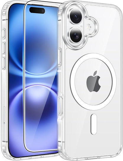 FNTCASE for iPhone 16 Plus Case: [Compatible with Magsafe] [Screen Protector] Anti Yellowing Transparent Clear Magnetic Phone Cover - Military Grade Shockproof Drop Proof Protective Cases - Clear