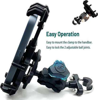 QYMOTO Motorcycle Phone Holder ATV Cell Phone Mount with Vibration Damper,Anti-Shake Sturdy for Handlebar Phone Holder ATV 4 Wheeler Dirt Bike Scooter Quad Fit 4.7"-7.1" Smart Phones 360° Rotation
