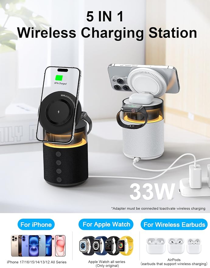 5-in-1 Wireless Charging Station with Bluetooth Speaker,Magnetic Charger with Night Light,Charger Stand with 33W Adapter Compatible with Apple Watch&iPhone 16 15 14 13 12 Pro Max&Wireless Earbuds