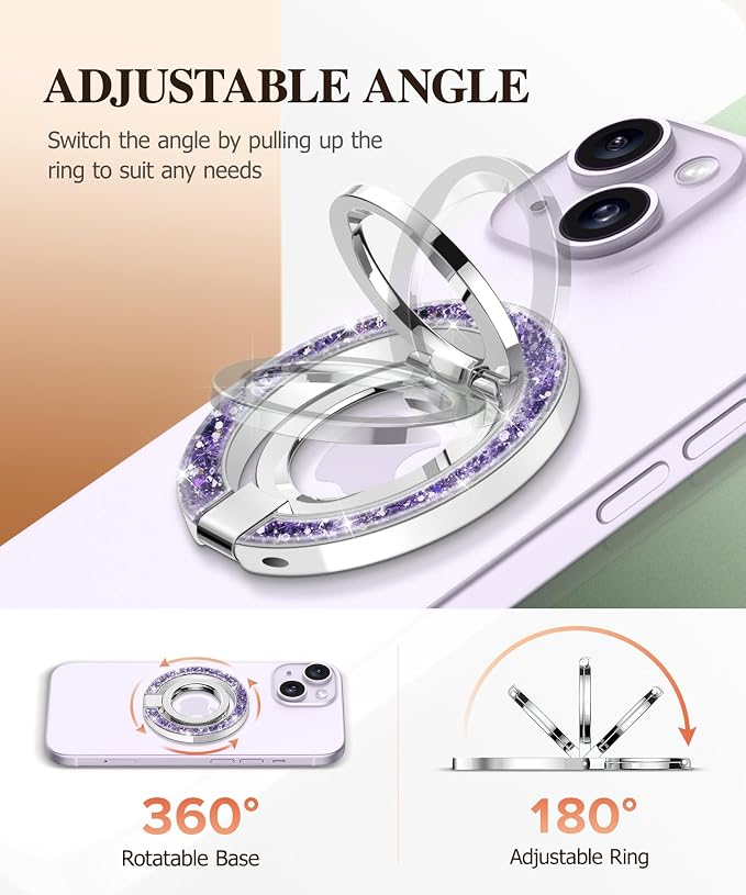 GVIEWIN Magnetic Phone Ring Holder, Compatible with MagSafe Phone Grip with Adjustable Stand, Magnet Phone Ring Kickstand for iPhone 17/16/15/14/13/12 Pro Max Plus Air/Other Phones (Glitter/Purple)