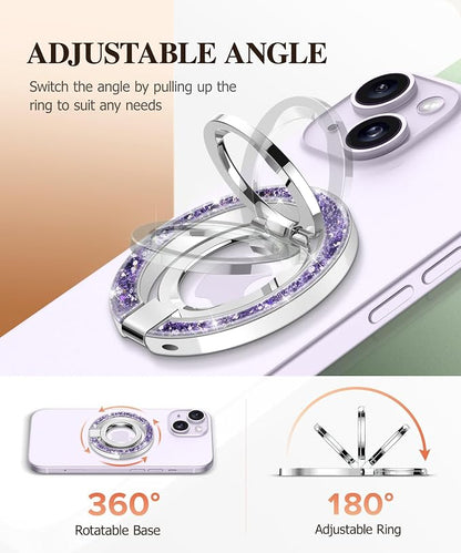 GVIEWIN Magnetic Phone Ring Holder, Compatible with MagSafe Phone Grip with Adjustable Stand, Magnet Phone Ring Kickstand for iPhone 17/16/15/14/13/12 Pro Max Plus Air/Other Phones (Glitter/Purple)