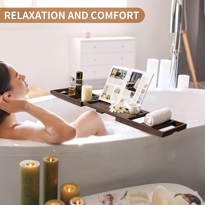 FLYJOE Wood Bathtub Tray Table - Foldable Bath Tray for Tub with Expandable Handles, Wine Glass & Phone Holder, Book Stand - Enhance Home Spa Experience with Natural TeakMaterial, Walnut