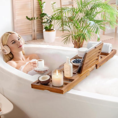 Fun Memories Teak Bathtub Tray for Tub – Adjustable Solid Wood Bath Caddy with Wine Glass Holder, Phone Dock & Book Stand – Bath Tub Tray Wood – Light Walnut Finish