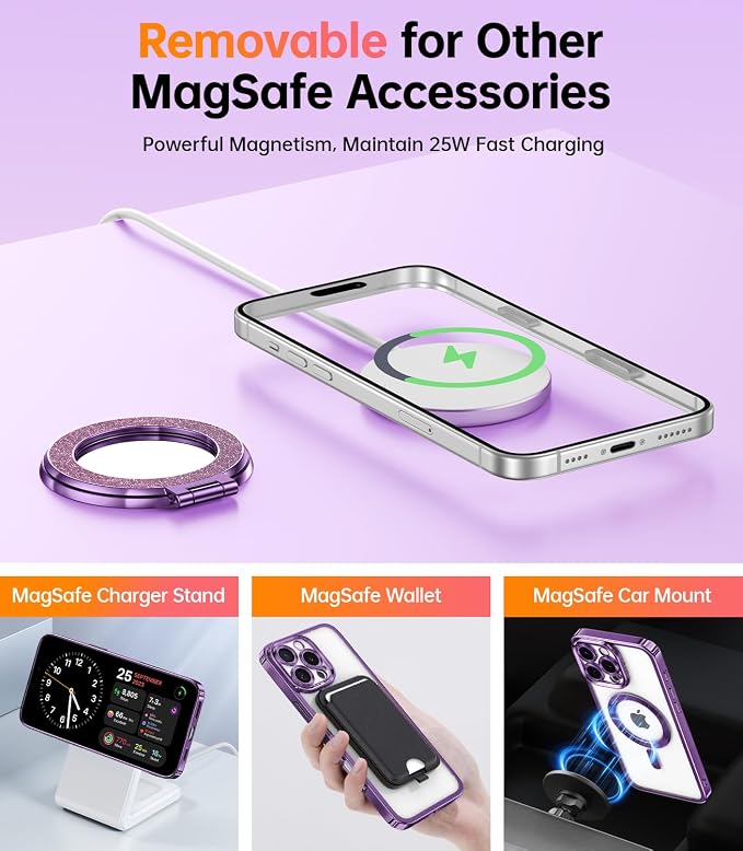 Meifigno Magnetic Case with Removable Phone Ring Stand for iPhone 16 Pro, [Glitter Card & Wrist Strap] [MagSafe Compatible] [Built in Mirror] Magnetic Phone Ring Holder + 16 Pro Case Kit, Purple