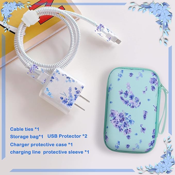 Cute DIY Cable Charger Protector Set with Electronic Organizer Bag Flowers Purple Lavender pattern Design, Soft Data Cable Line Cord Wire Saver Travel Cord Organizer Case cover Compatible for iPhone