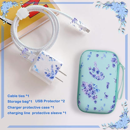 Cute DIY Cable Charger Protector Set with Electronic Organizer Bag Flowers Purple Lavender pattern Design, Soft Data Cable Line Cord Wire Saver Travel Cord Organizer Case cover Compatible for iPhone