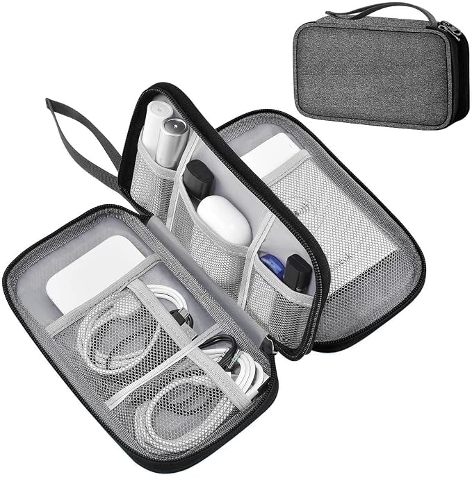 ZINMARK Portable Cable Organizer Case,Travel Pouch with Double-Layer Storage for Cables,Chargers,Earbuds & Phone,Dark Gray Black