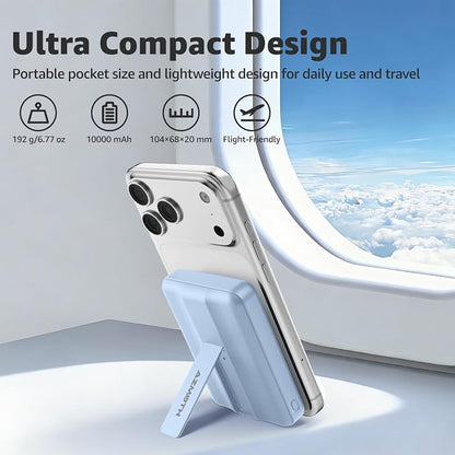 Azmuth Magnetic Power Bank,10000mAh for MagSafe Battery Pack, 22.5W PD Fast Charging,LED Display & Foldable Stand Wireless Portable Charger for iPhone 17/16/15/14/13/12/Pro/Pro Max/Plus,Light Blue
