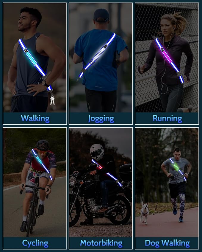 Fitense LED Reflective Belt Sash - 5 Lights Colors & 3 Light Modes High Visibility Night Safety Belt, Rechargeable Light Up Running Gear Adjustable Vest Straps for Runners Walkers Men Women