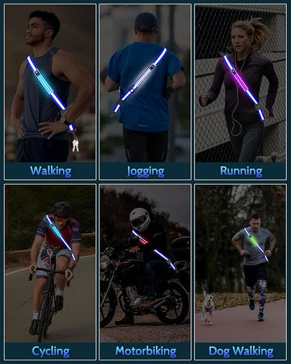 Fitense LED Reflective Belt Sash - 5 Lights Colors & 3 Light Modes High Visibility Night Safety Belt, Rechargeable Light Up Running Gear Adjustable Vest Straps for Runners Walkers Men Women