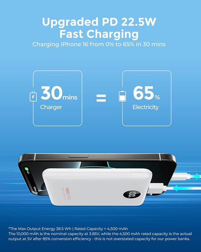 Portable Charger 10000mAh, Ultra Slim Power Bank Fast Charging with Attached USB C Cable, Travel Essential Phone Power Bank Battery Pack for iPhone 17/16/15/14 Samsung S25 Google etc, White