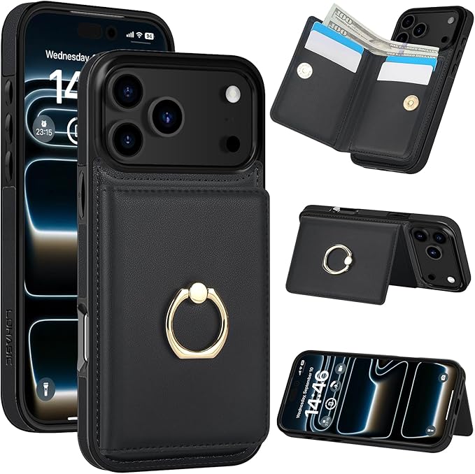 LOHASIC for iPhone 17 Pro Max Case Wallet with Card Holder, 360° Rotation Ring, RFID Blocking, 5 Card Slots, PU Leather 6.9" Cover for Apple 17 Pro Max Men Women, Black
