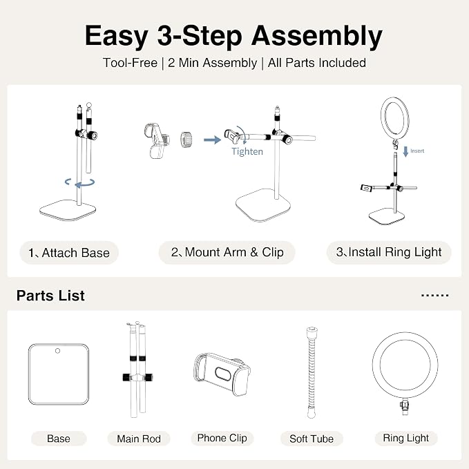 Overhead Phone Mount, Overhead Camera Mount Stand [Anti-Shaking] with 10.5" Ring Light, Desk Stand for iPhone with Ring Light for Video Recording, Zoom Meeting, YouTube, TikTok