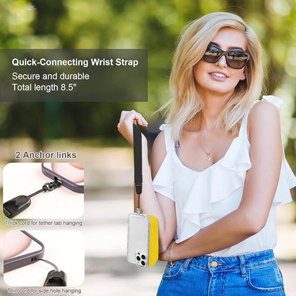 YFWE Clip and Go Strap for Phone with Wallet Crossbody, Adjustable Phone Lanyard with Detachable RFID Wristlet Wallet & Ultra-Thin 360° Rotatable Metal Tabs for All Smartphones (Yellow)