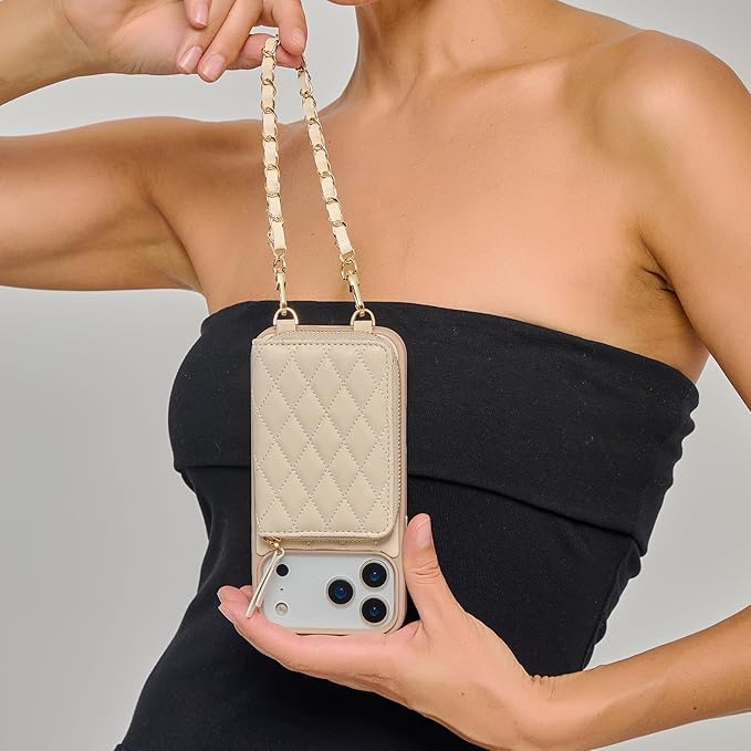 LAMEEKU for iPhone 17 Pro Wallet Case with Card Holder,Crossbody Phone Cover Quilted Leather Zipper Purse 6.3" Beige
