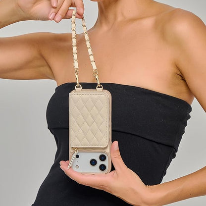LAMEEKU for iPhone 17 Pro Wallet Case with Card Holder,Crossbody Phone Cover Quilted Leather Zipper Purse 6.3" Beige