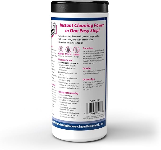 Endust Antistatic Premoistened Wipes for Electronics, Cloth, 6 x 6, Unscented, 70/Tub