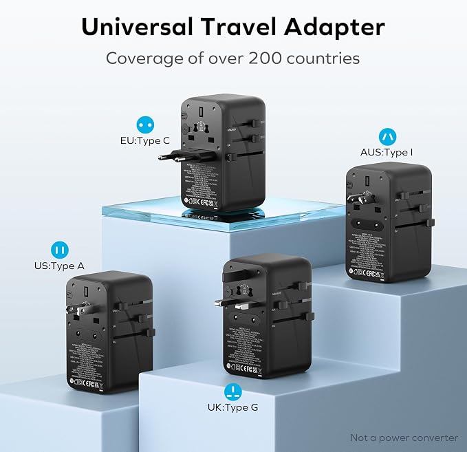 MOMAX Universal Travel Adapter, 120W GaN International Power Adapter, 2 USB-C 2 USB-A, Worldwide Travel Plug Adapter, International Power Adapter for Most Europe, USA, Japan, Australia (Type C/A/G/I)