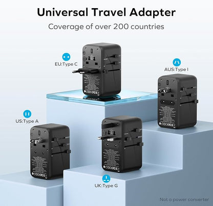 MOMAX Universal Travel Adapter, 120W GaN International Power Adapter, 2 USB-C 2 USB-A, Worldwide Travel Plug Adapter, International Power Adapter for Most Europe, USA, Japan, Australia (Type C/A/G/I)