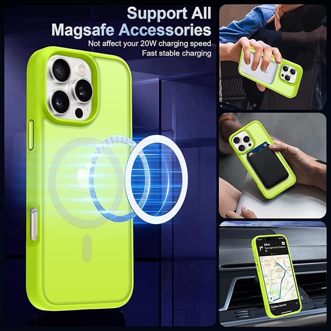 MOCCA Strong Magnetic for iPhone 16 Pro Phone Case, [Compatible with Magsafe][16FT Mil-Grade Drop Protection] Slim Thin Translucent Matte Protective Cover Case for iPhone 16 Pro Case,Fluorescent Green