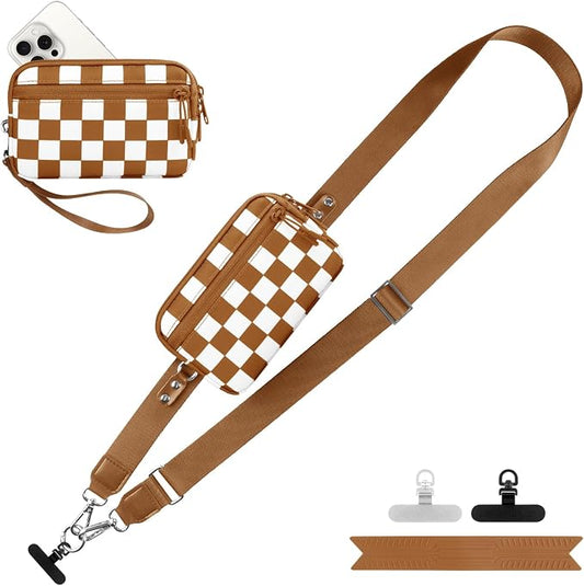 YFWE Clip and Go Strap for Phone with Wallet Crossbody, Adjustable Phone Lanyard with Detachable RFID Wristlet Wallet, Phone Strap with Phone Tabs for All Phones, Bronze Checkered (L)