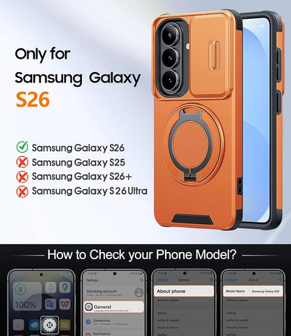 JAME for Samsung Galaxy S26 Case, Ring Holder Stand Kickstand, Slide Camera Cover with Screen Protector, Dual-Layer Shockproof Protective, Magnetic Accessory Friendly Galaxy S26 Phone Case, Orange