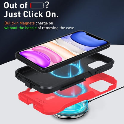Xmon iPhone 11 Magnetic Case [MIL-Grade Drop Tested & Compatible with MagSafe] Tempered Glass Screen Protector with Camera Lens Protector Phone Case Cover for Apple iPhone 11 (Magnetic Red)