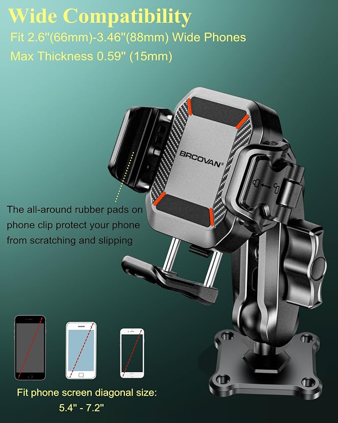 BRCOVAN Anti-Theft Phone Mount Holder with Vibration Dampener [1s Lock & Release] [Camera Friendly] with Aluminum Medium Arm & Square Base, for Car Boat Truck Motorcycle ATV UTV, Fit 5.4-7.2'' Phones