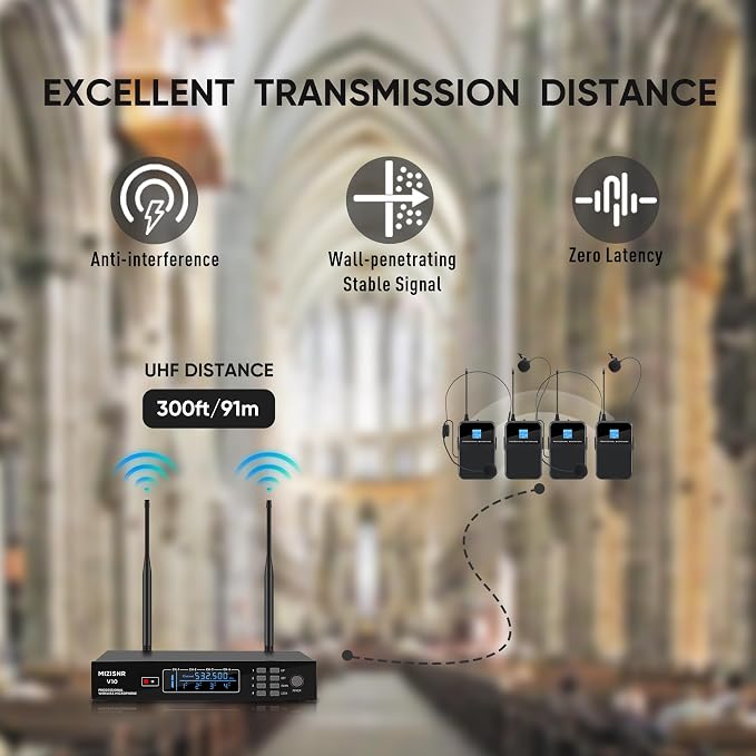 4 Channel Wireless Lapel Microphone, Set of 4 Headset & Lavalier Mics with 4x50 Adjustable Frequency UHF Metal Receiver, 300ft Range Microphone System for Church, Karaoke, Preaching, Wedding