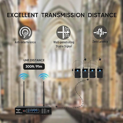 4 Channel Wireless Lapel Microphone, Set of 4 Headset & Lavalier Mics with 4x50 Adjustable Frequency UHF Metal Receiver, 300ft Range Microphone System for Church, Karaoke, Preaching, Wedding