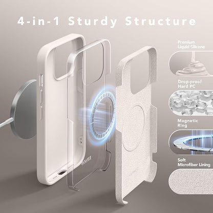 GONEZ for iPhone 14 Pro Case, Compatible with Magsafe, with Screen Protector + Camera Lens Protector, Soft Anti-Scratch Microfiber Lining, Shockproof Liquid Silicone Phone Cover, Stone