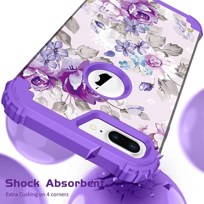 Hocase Heavy Duty Shockproof Protection Hard Plastic+Silicone Rubber Hybrid Protective Case for iPhone 7 Plus/iPhone 8 Plus - Lavender Flowers