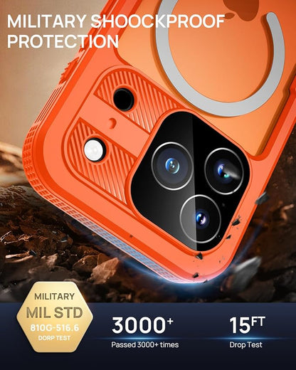 Lanhiem Magnetic for iPhone 17 Pro Case, IP68 Waterproof, Dustproof, Compatible with Magsafe, Built-in Screen Protector, Full Body, Heavy Duty, Rugged Phone Cover, 6.3 inch, Cosmic Orange