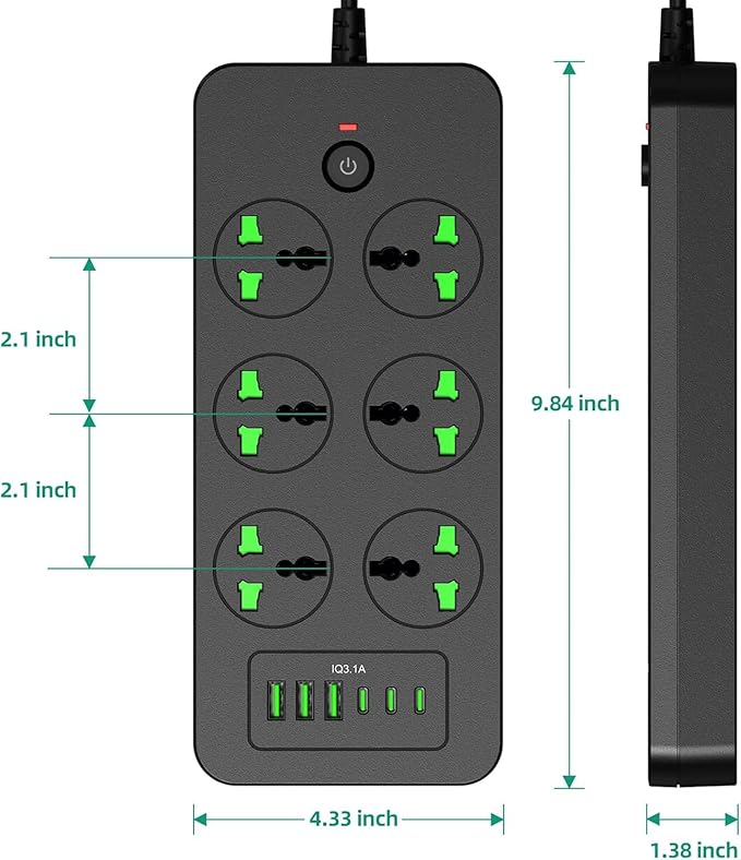 Power Strip with 6 Universal Outlets 3 USB 3 USB C Ports, 3.1A, Overload Protection, 3000w, 110-240v, International Power Adapter for Home Office Travel Essentials, US Flat Plug, Black