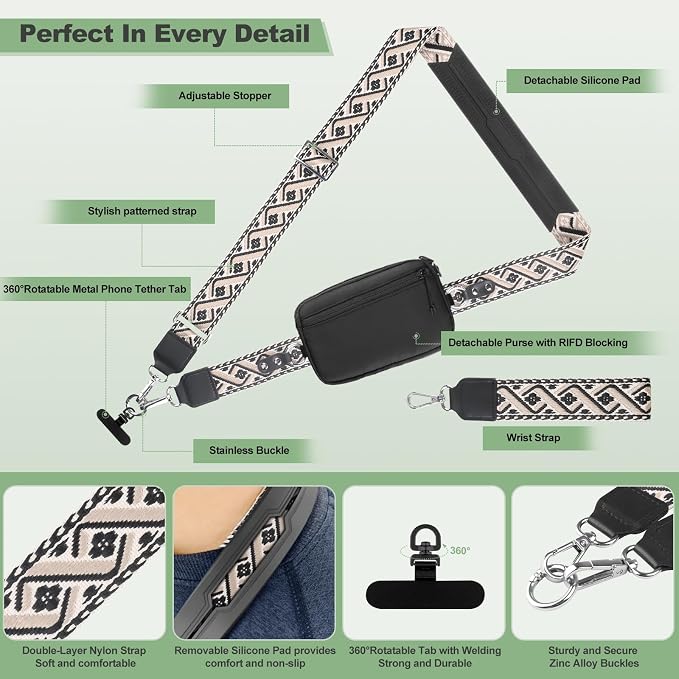 YFWE Clip and Go Strap for Phone with Wallet Crossbody, Adjustable Phone Lanyard with Detachable RFID Wristlet Wallet, Pattern Strap, Black (M)