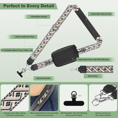 YFWE Clip and Go Strap for Phone with Wallet Crossbody, Adjustable Phone Lanyard with Detachable RFID Wristlet Wallet, Pattern Strap, Black (M)