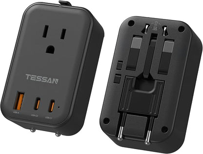 TESSAN International Power Adapter PD 20W, Ultra Thin Universal Adapter, Worldwide Outlet Plug with 2 USB C 1 USB A for US to Europe UK Spain Australia France Germany Thailand (Type C G A I), Black