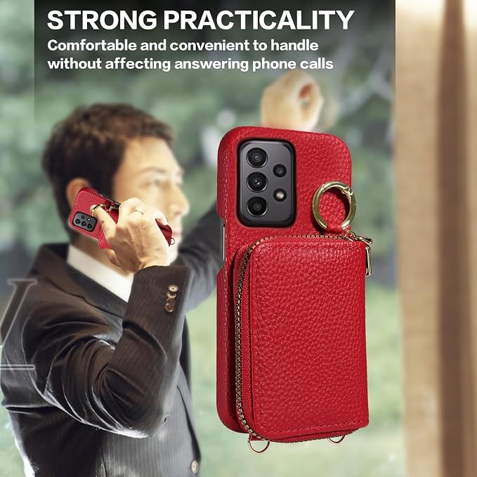 Wallet Case for Samsung Galaxy A23 5G/4G with Shoulder Strap Ring Buckle, Luxury PU Leather Zipper Flip Organ Purse, Credit Card Holder Stand Full Body Cell Phone Cover for A 23 23A 6.6 Red