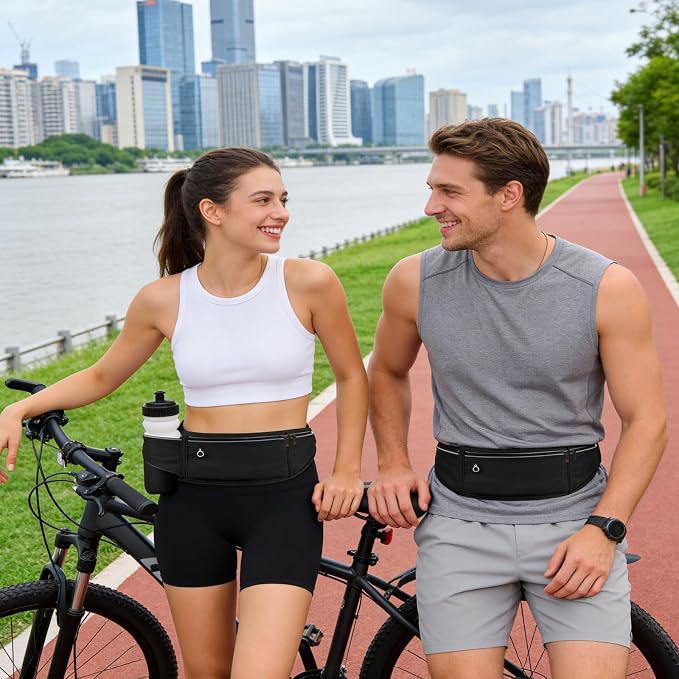Running Belt with Water Bottle Holder,Large Fanny Pack for Men Women Girls Boys Kids Phone Pouch,Waist Bag Fit Hydration Hiking Runner Workout GYM Sport Travel Walking Slim Flat Bum Bag,Black