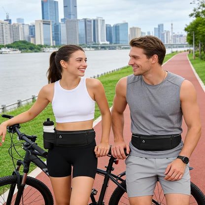 Running Belt with Water Bottle Holder,Large Fanny Pack for Men Women Girls Boys Kids Phone Pouch,Waist Bag Fit Hydration Hiking Runner Workout GYM Sport Travel Walking Slim Flat Bum Bag,Black