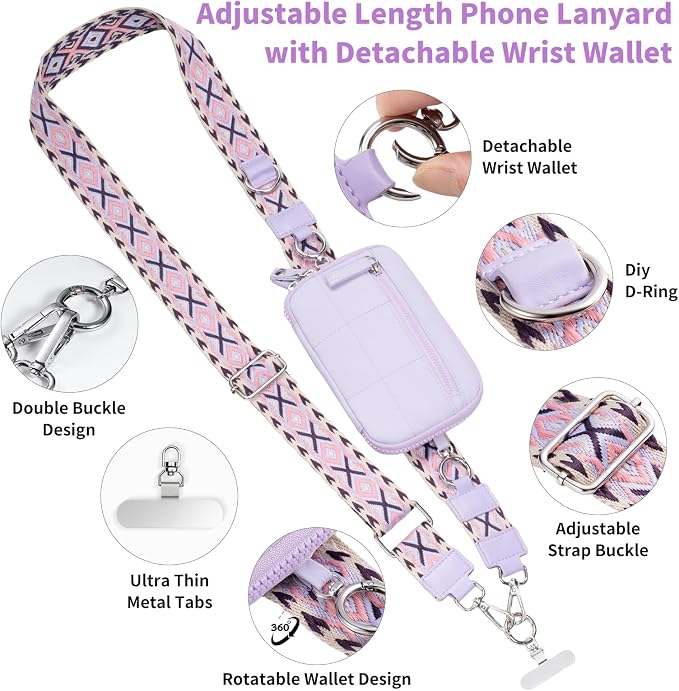 Tiostep Clip and Go Strap for Phone with Wallet Crossbody Phone Lanyard with Anti-Theft Zipper Pouch Detachable Quilted Wrist Wallet with RFID and ID Window for Daily Travel. Purple Large
