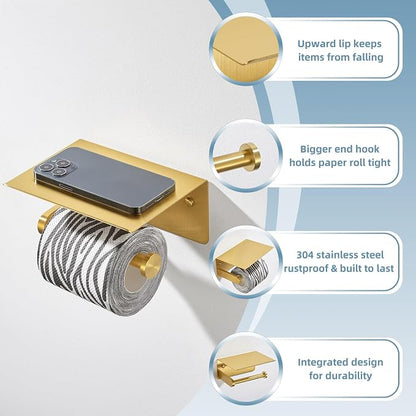 APLusee Brushed Gold Toilet Paper Holder with Shelf, 304 Stainless Steel Wall Mounted Compact Bathroom Tissue Hanger