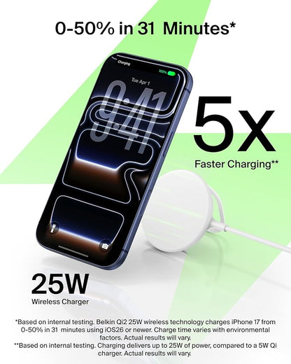 Belkin MagSafe Charger, Magnetic iPhone Charger w/ Qi2 25W, Fast Wireless Charging Pad w/Kickstand for iPhone 17 Series, Samsung Galaxy, Pixel 10, AirPods Pro, Travel - No Power Adapter, White