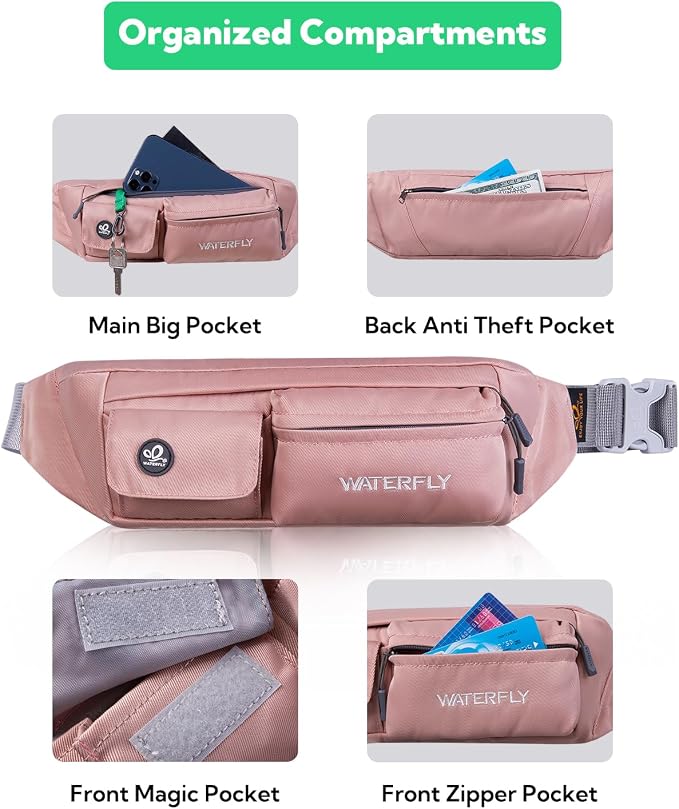 WATERFLY Fanny Pack for Women Men Water Resistant Small Waist Pouch Slim Belt Bag with 4 Pockets for Running Travelling Hiking Walking Lightweight Crossbody Chest Bag Fit All Phones